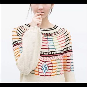 Zara Embroidered Cotton balloon sleeve sweater size small